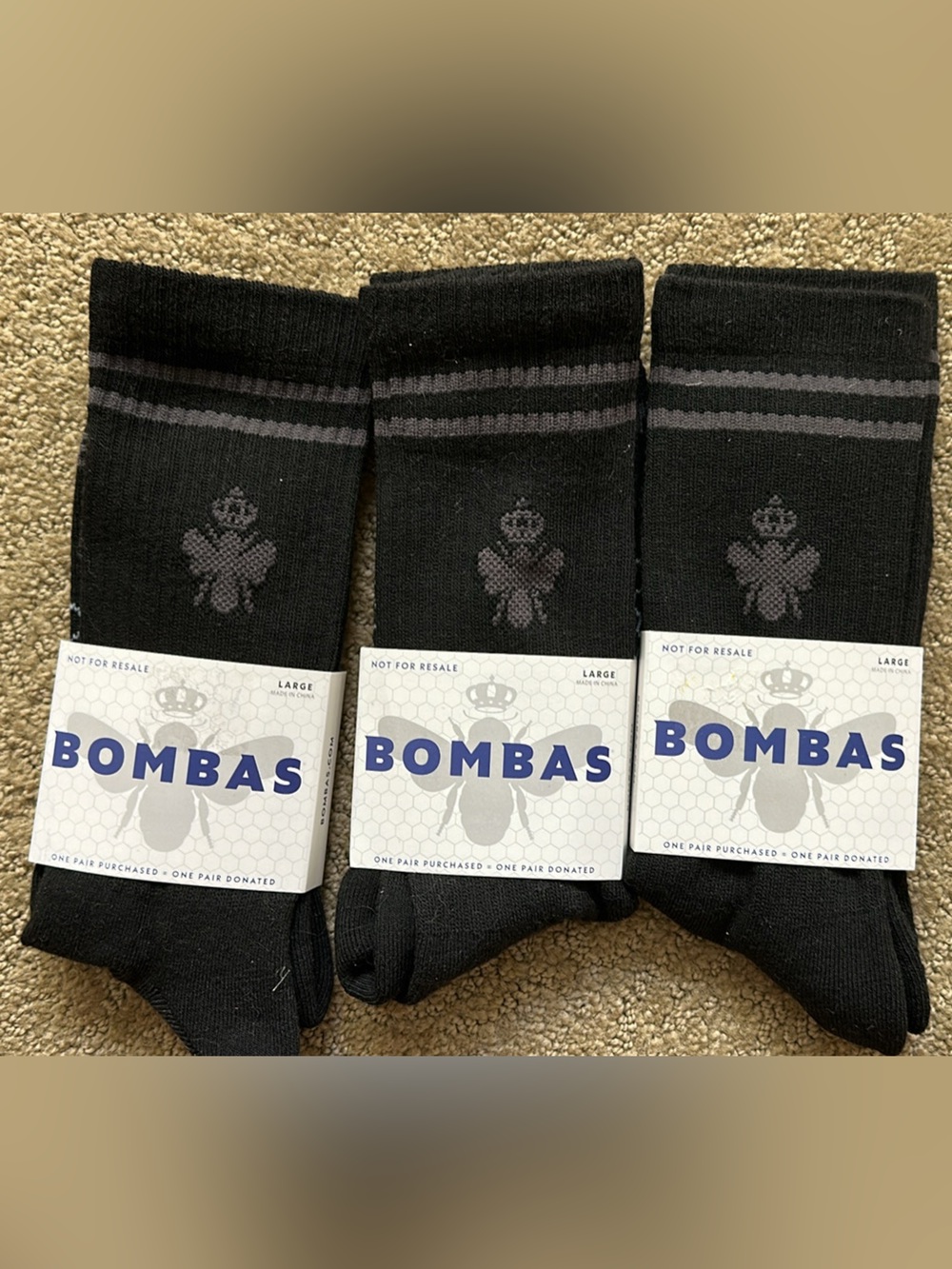 Bombas Black Crew Socks with Gray Stripe Accents - Pack of 3